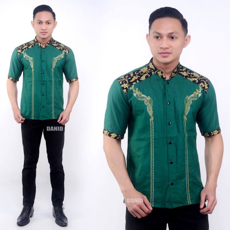 Baju Koko Pria Bordir Kombinasi Batik Prada Lengan Pendek Motif Aripin Bakung