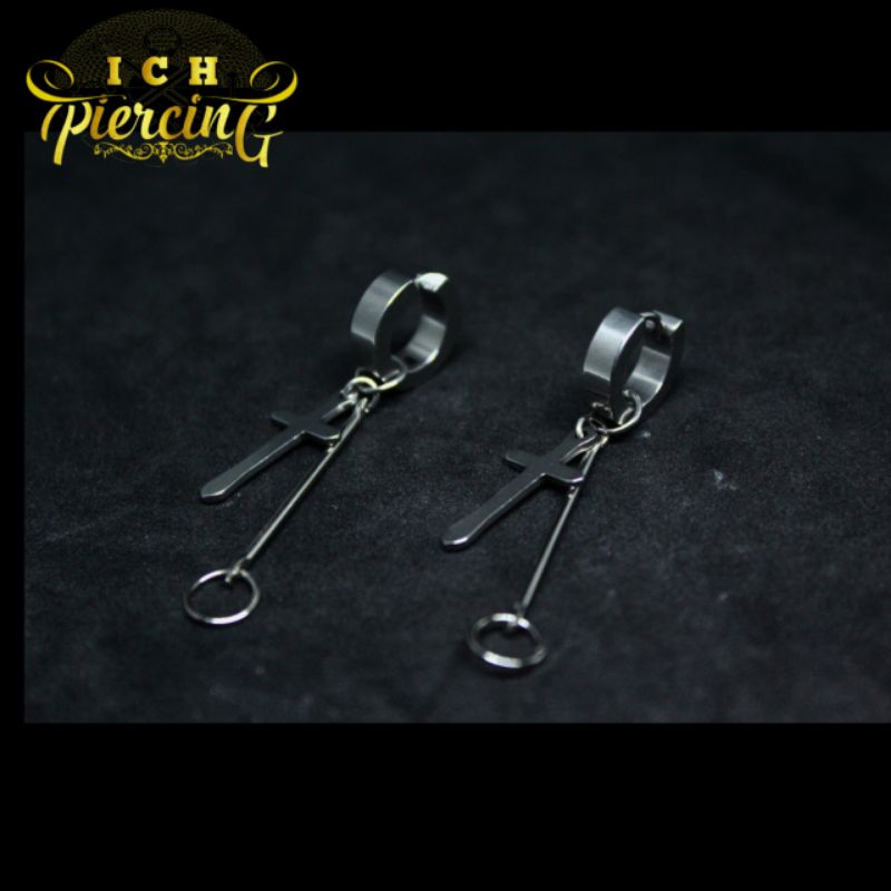 Anting gantungan model Korea / Anting salib batang / Anting tindik dan jepit