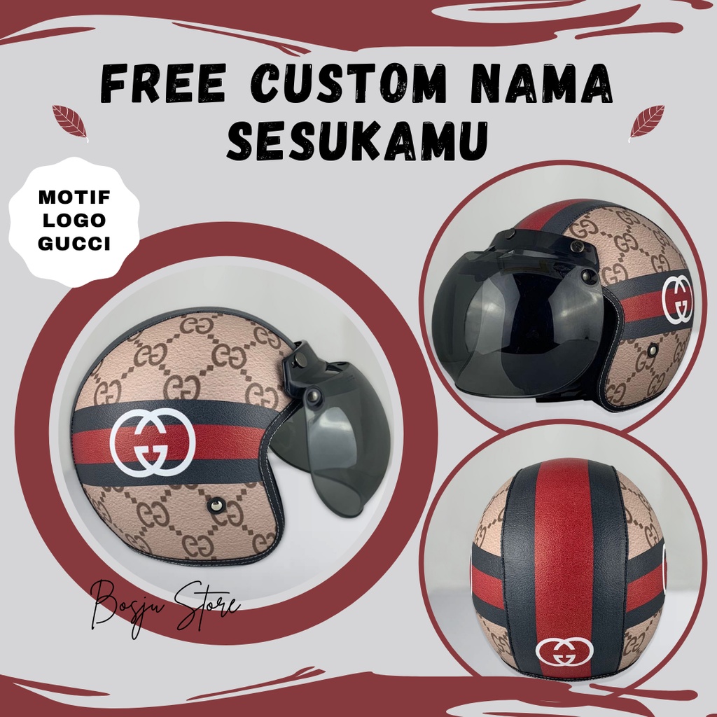 Helm Bogo Motif Logo Gucci Mewah Coklat Hitam Merah | Helem Retro Klasik Anak Cewek Wanita Remaja De