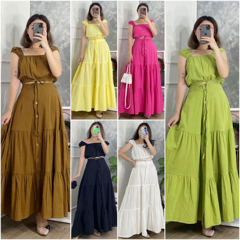 ❣ SPECIAL PRICE ♡ PREMIUM ♡ ORIGINAL ! LALISA VINTAGE 2 IN 1 SET CROP TIED KNOT TANK BLOUSE OUTER WITH LONG LAYER TRAP BUTTON MAXI SKIRT / SETELAN ATASAN &amp; ROK PANJANG SUSUN KANCING