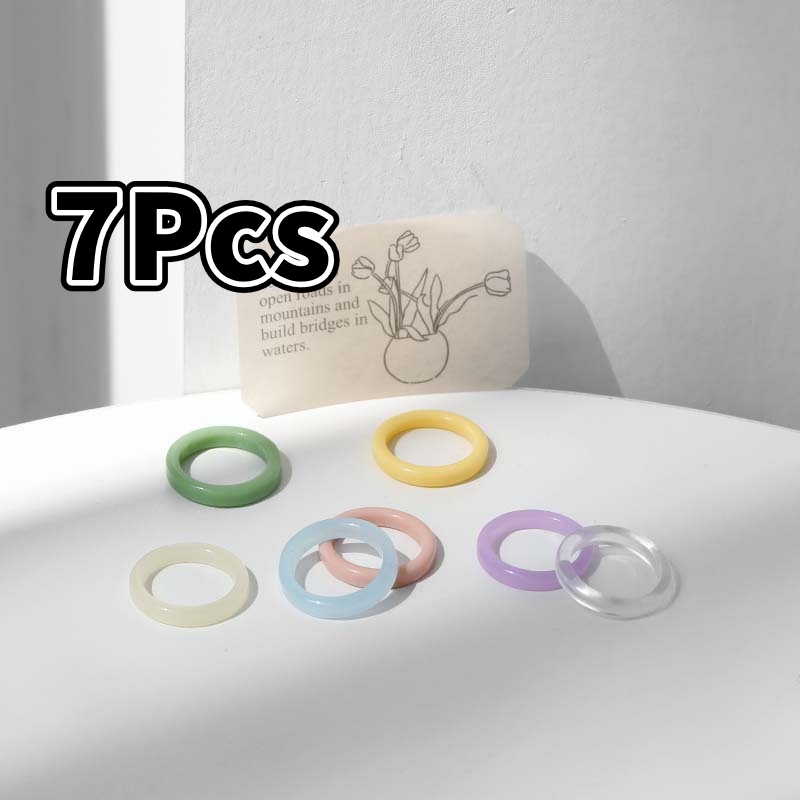 7Pcs Resin Colourful 17mm Round Rings Set for Women Girls Jewelry Party Gifts