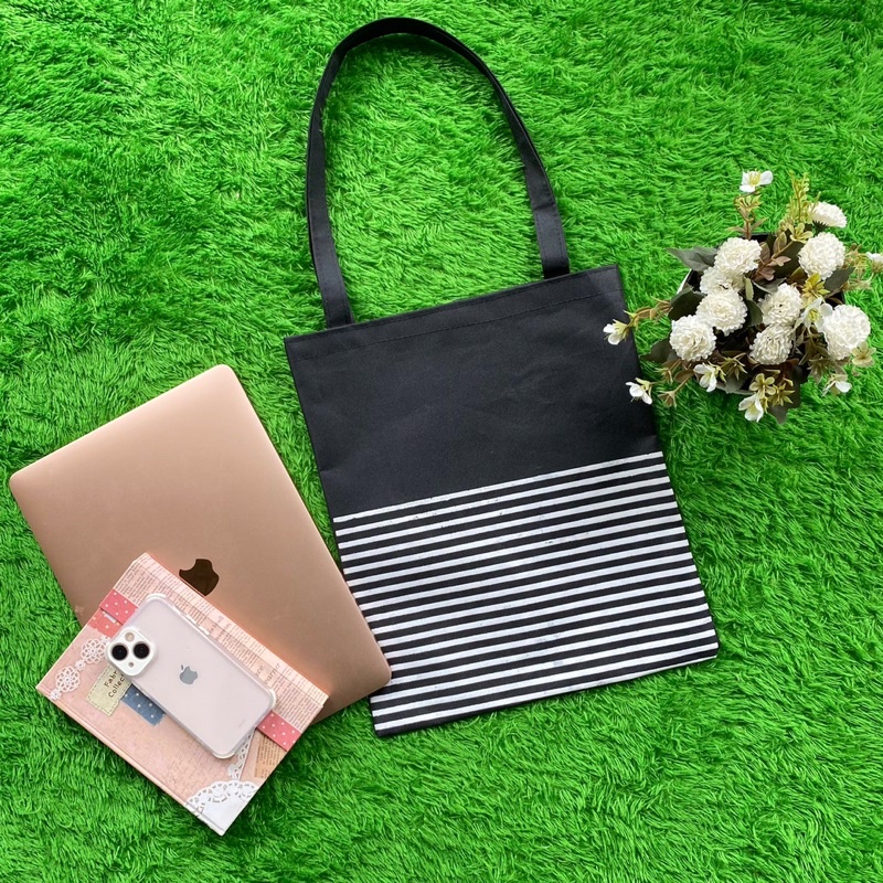 Tas Tote Bag Semi Canvas Motif Anti Air | Hitam READYY Banyak