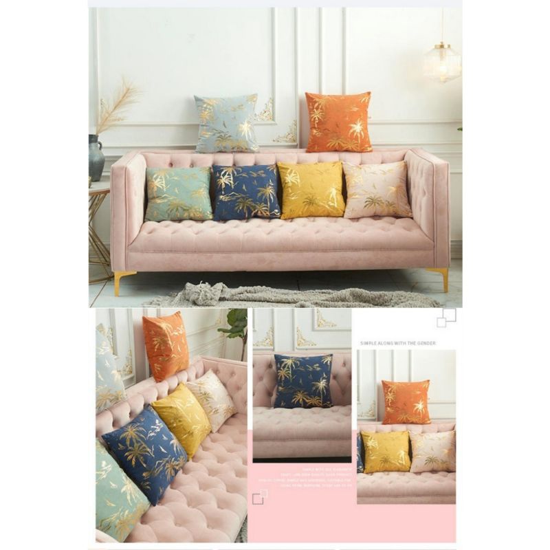 Cushion Cover Velvet Gold Print Sarung Bantal Sofa 45x45 cm Beludru Emas Tebal Tropical Style Premium Mewah Impor