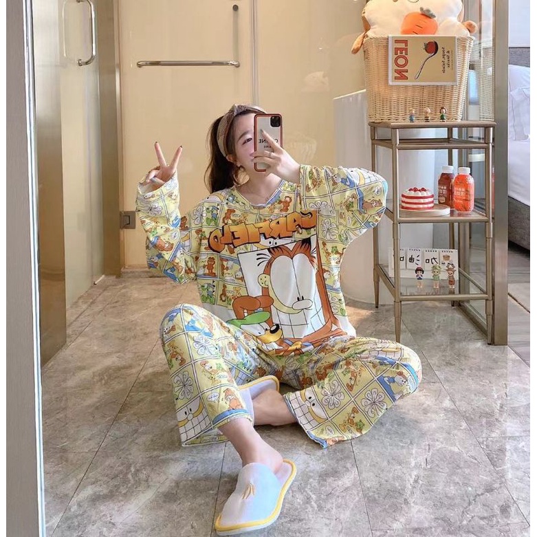 PIYAMA PP WANITA IMPORT SPANDEX|BIGSIZE|JUMBO/SET OVERSIZE/BAJU TIDUR lengan panjang-PP.BZ GARFIEL SMILE