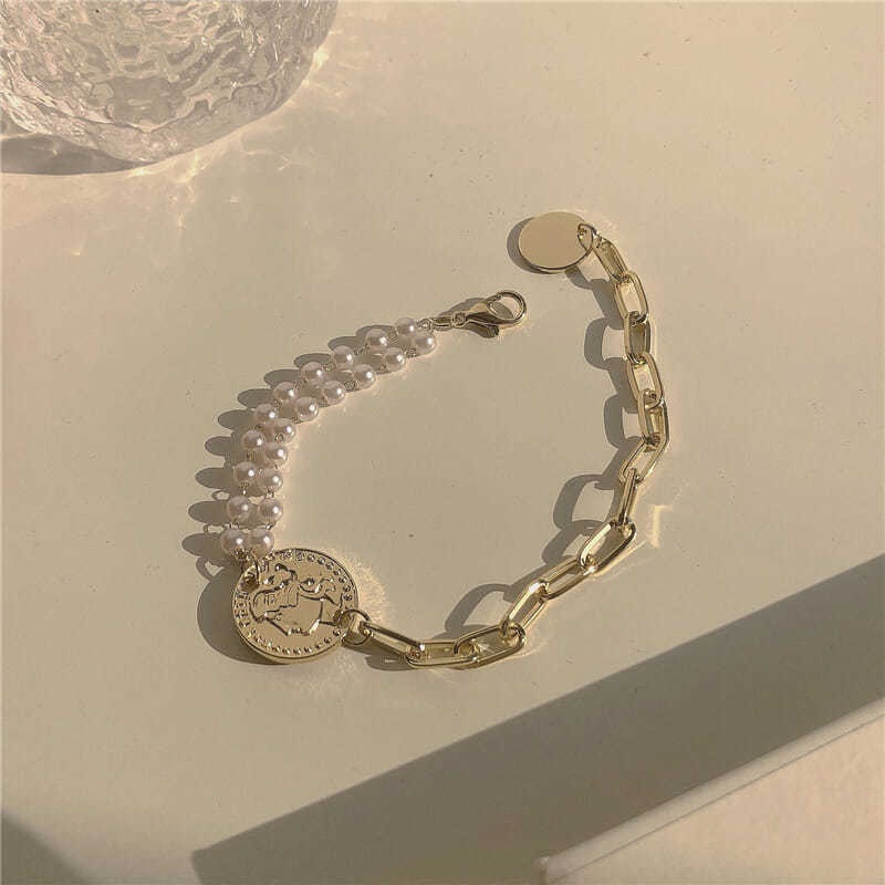 Double-layer gelang mutiara ~ potret koin emas ins sederhana temperamental all-match tebal jaringan