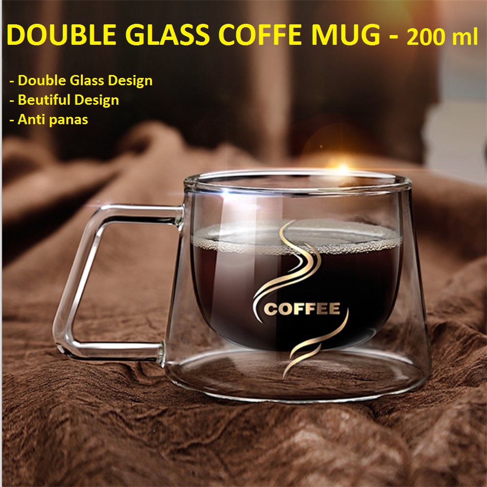 (HIGH QUALITY) Cangkir Kopi Double Glass Coffee Mug 200ml - CRW77382 - Transparent-Doomed