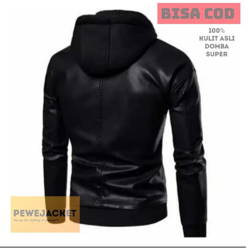 Jaket pria hoddie kulit asli domba super warna hitam