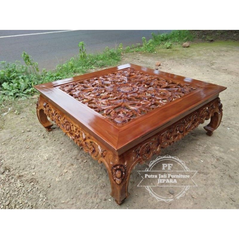 Meja ruang tamu kayu jati - Meja kopi ukir besar - meja lesehan