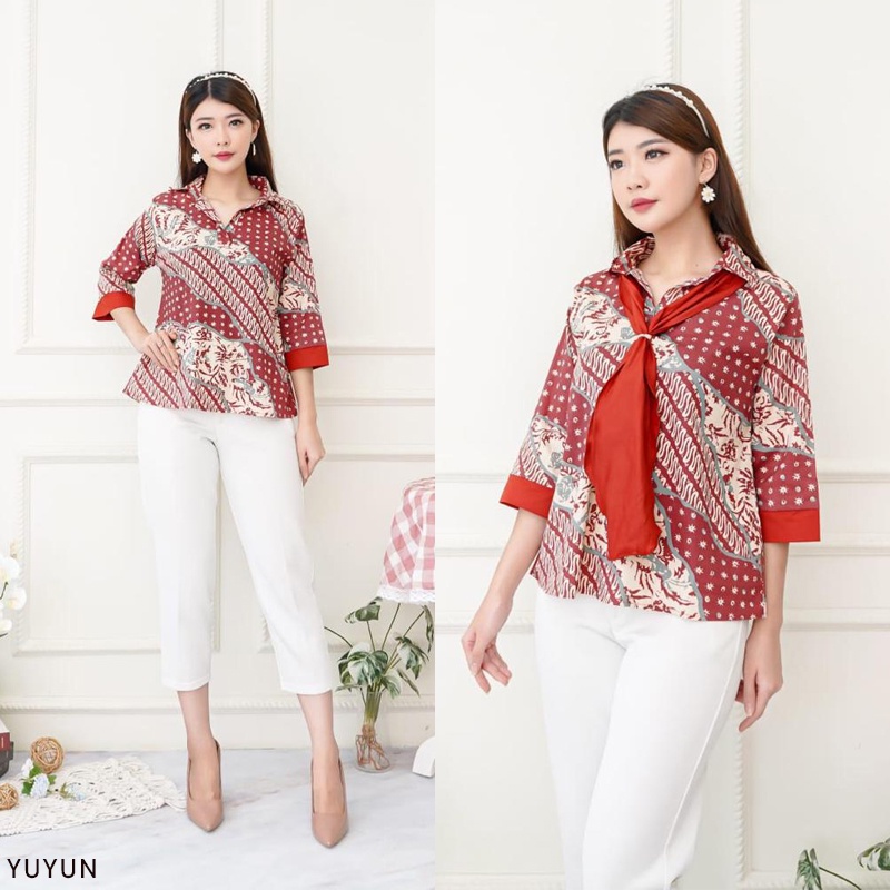 Evercloth Yuyun Blouse Wanita Atasan Wanita Blouse Batik Wanita Atasan Batik Wanita Kemeja Kerah Dasi Syal Batik Couple Seragam