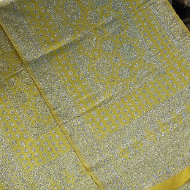 songket palembang sutra alam asli benang  2 helai lepus kuning kristal silver