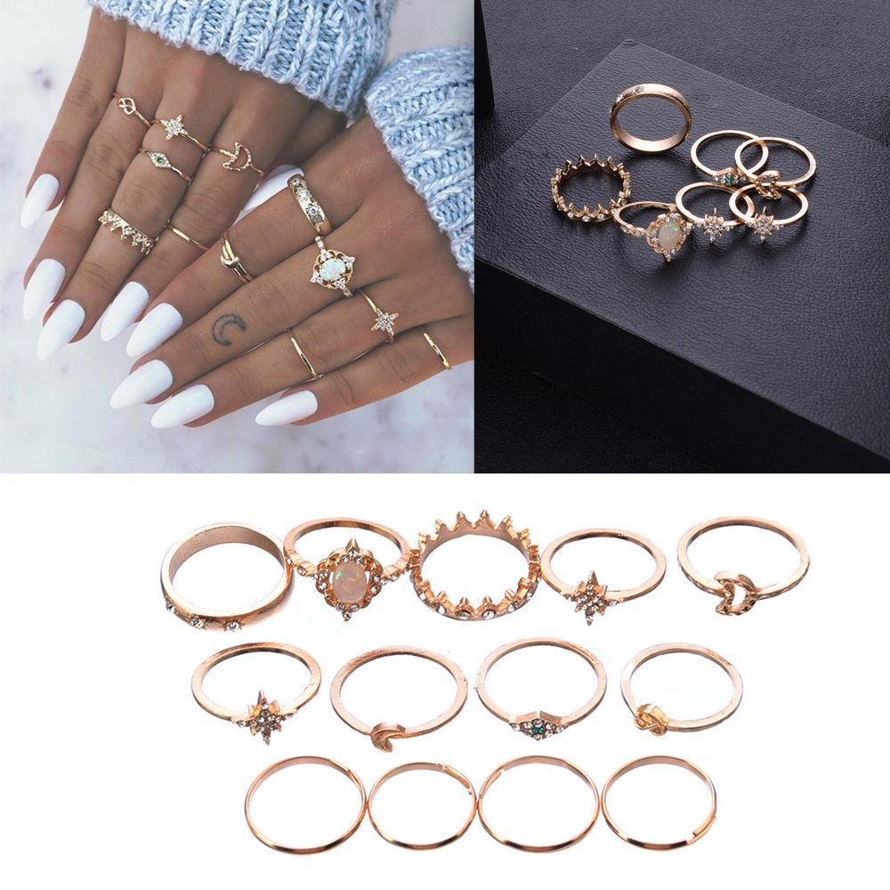 Nanas 13PCS/Set Cincin Opal Set Wanita Perhiasan Aksesoris Bohemian Knuckle Midi