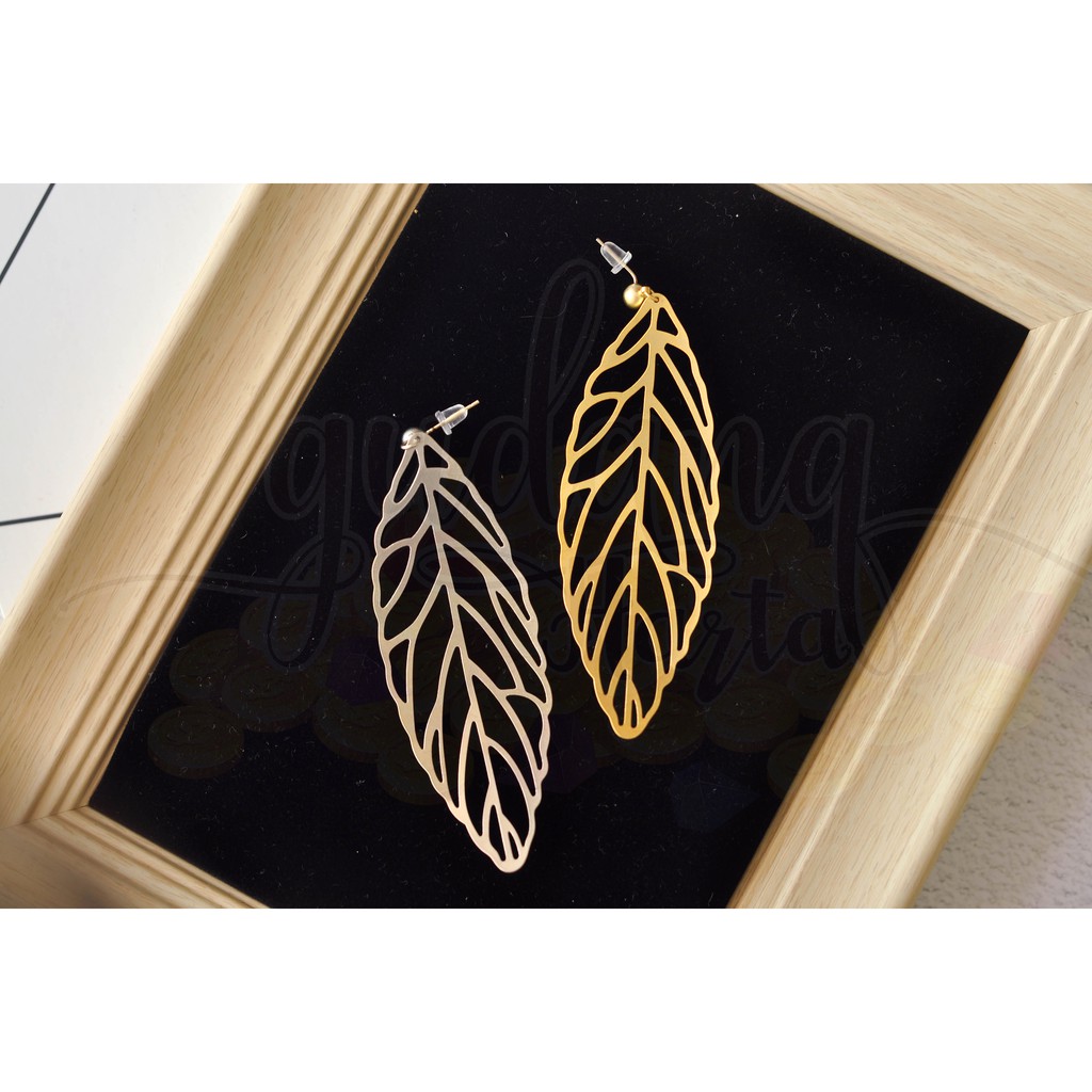 Anting Stud Gold Leaves Silver Daun Emas Perak Panjang Unik Cantik Kado Hadiah GH 203245