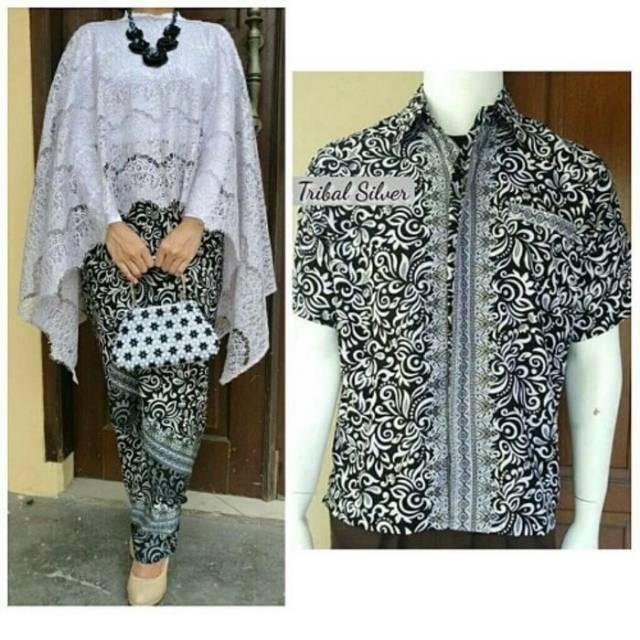 SB Collection Couple Stelan Kebaya Biancha Brukat Jumbo Rok Lilit Dan Kemeja Batik Pria