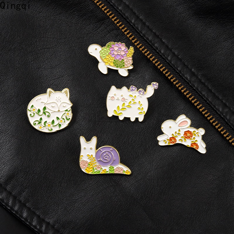 Bros Pin Enamel Desain Kartun Hewan Kelinci Siput Kura-Kura Rubah Kucing Tanaman Untuk Hadiah