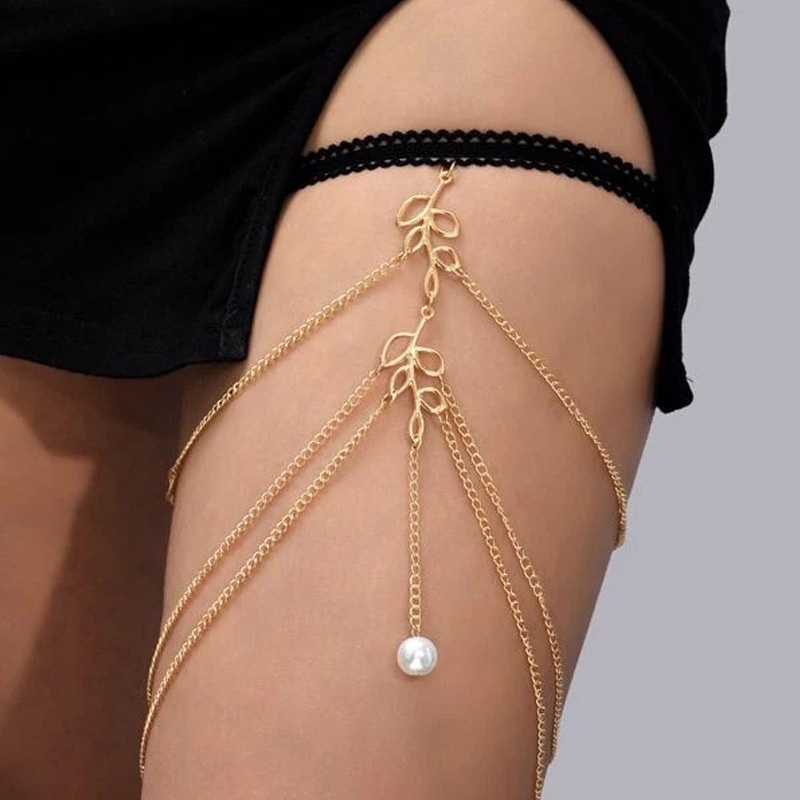 Gelang Kaki Rantai Multilayer Bahan Metal Aksen Daun Hollow + Mutiara Gaya Bohemian Untuk Wanita