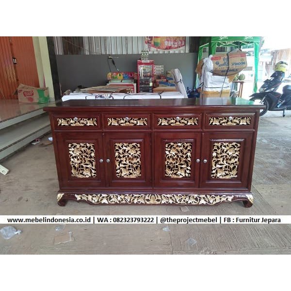 Jual Bufet TV Palembang Kayu Jati Solid Ukir Emas Termurah