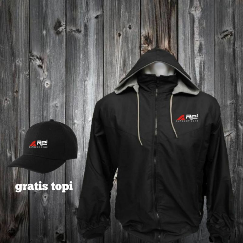 Jaket REI Parasut bolak balik waterprof gratis topi