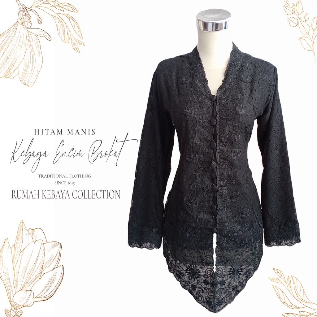 Kebaya Encim Kartini Brokat Furing Katun Modern Hitam Manis Lengan Panjang Bigsize Jumbo