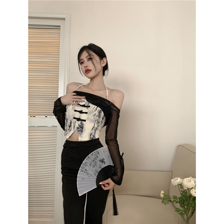 Suhao Baru Cina Halter Leher Kamisol Rompi Wanita Musim Panas Gadis Perancis Tanpa Lengan Retro Pend