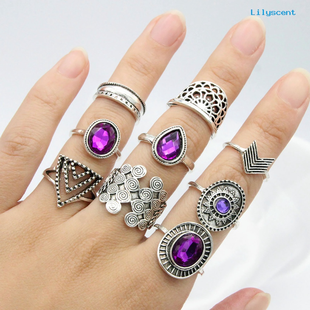 9 Pcs / set Cincin Buku Jari Aneka Bentuk Warna Ungu Bahan Alloy Gaya Bohemia