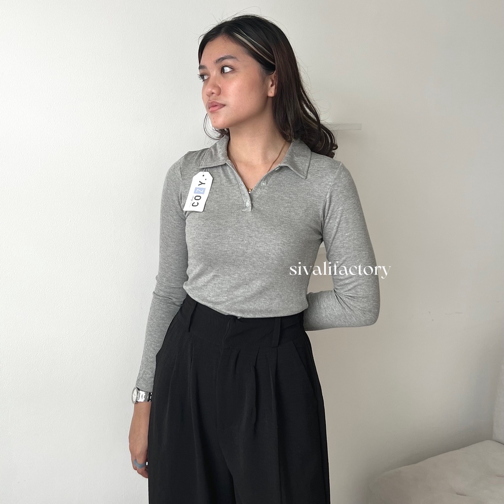 SIVALI INDY Polo Knit Top Longsleeve Shirt Lengan Panjang Atasan Rajut Fit Body