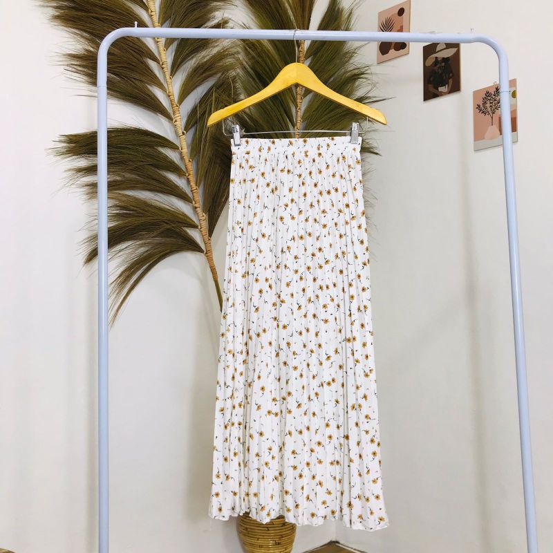 ROK PLISKET BUNGA DAISY / ROK PLISKET PREMIUM / ROK WANITA-Melati Putih- Coklat