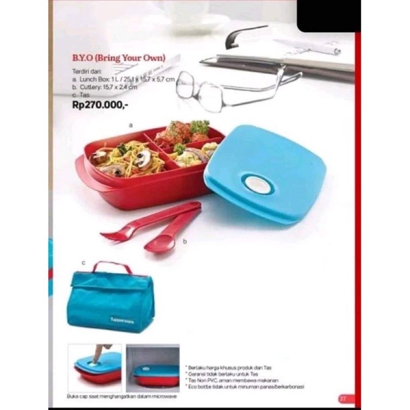 Byo lunch tupperware-set tempat bekal warna biru merah