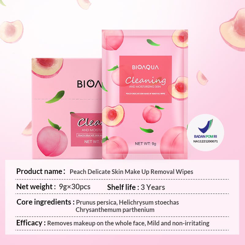 BIOAQUA Peach Makeup Remover Wipes 9g×30pcs Makeup Remover Tissue Facial Cleansing Wipes Gentle