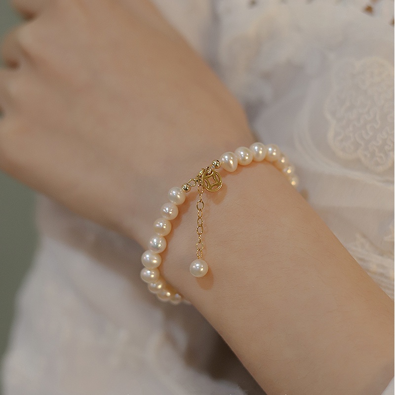 We Flower Vintage Gold Fortune Blessing Pearl Beaded Bracelet for Women Girl Lucky Wrist Chain Jewelry