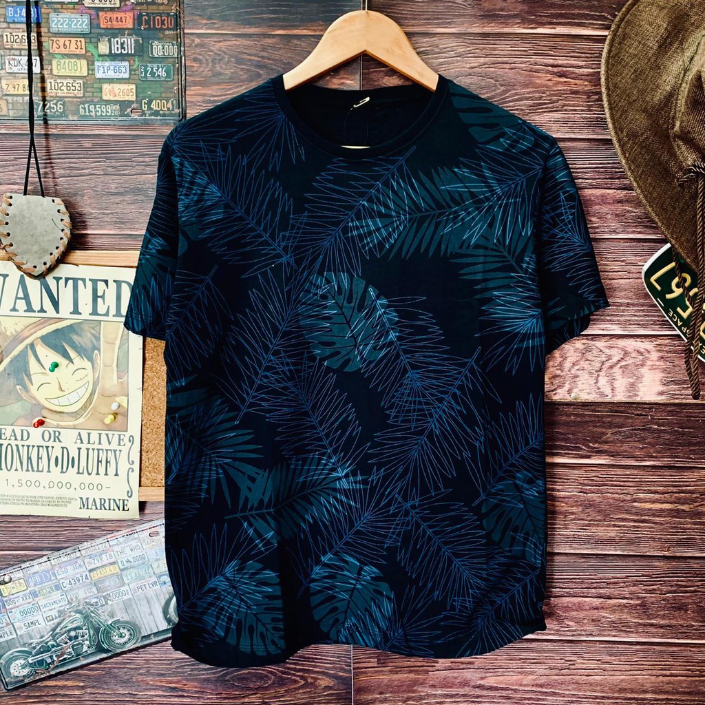Kaos distro pria motif printing daun black blue leaf kaos pria T shirt pria distro murah