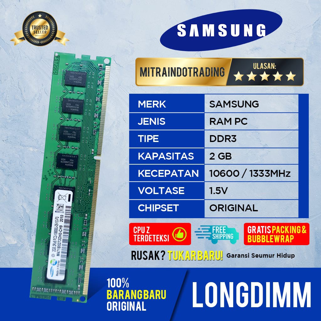RAM SAMSUNG LONGDIMM DDR3 2GB PC 10600 BERGARANSI