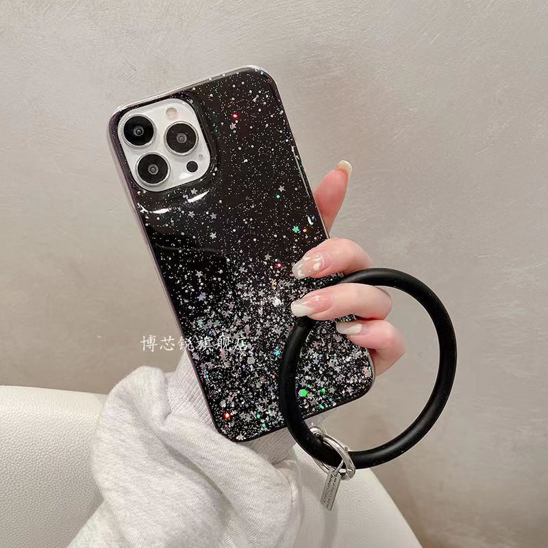 Soft Case Bahan TPU Motif Marmer Glitter Dengan Gelang Untuk iPhone 14 Pro Max 13 Pro Max 11 Pro Max XR X XS Max 7 8 Plus SE 2020