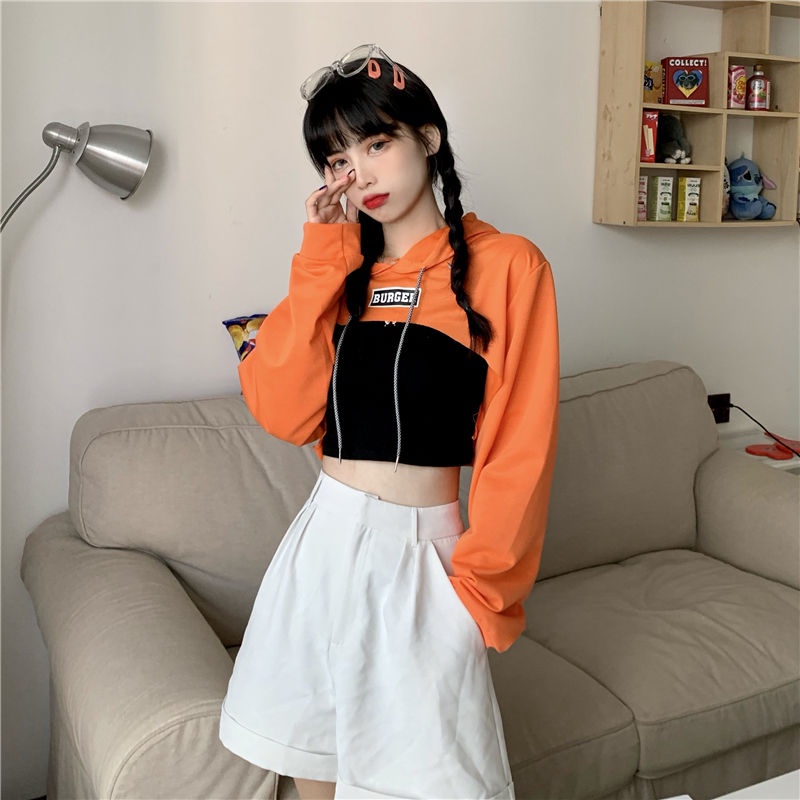 [✅BISA COD] #Sisjuly# Dua Potong Sesuai Xuan Ya Street Dance Hip-Hop Longgar Dicetak Pendek Lengan Panjang Hoodie Cropped