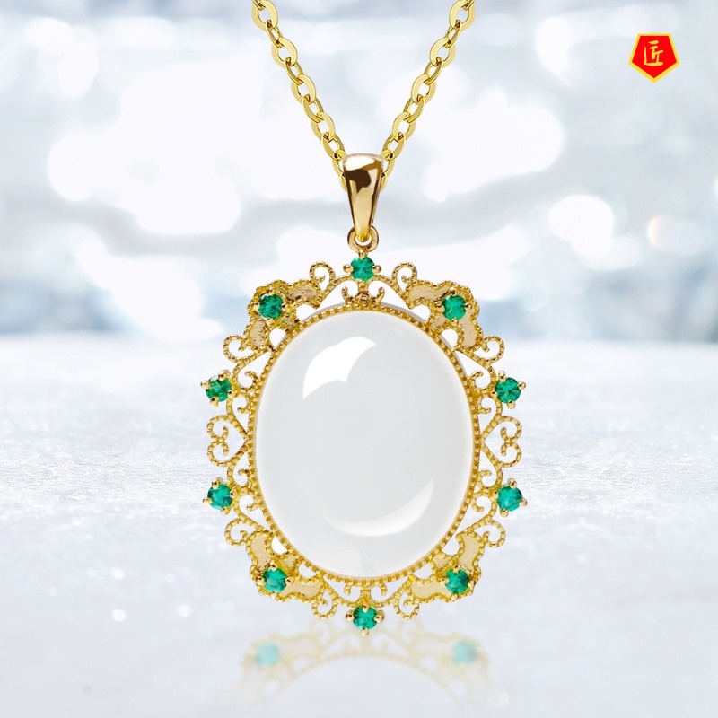 [Ready Stock]New Ear Studs White Jade Pendant Open Ring Set for Women