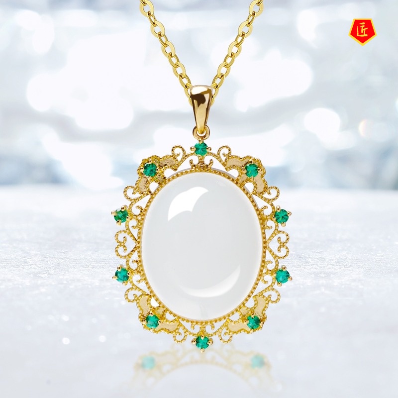 [Ready Stock]New Ear Studs White Jade Pendant Open Ring Set for Women