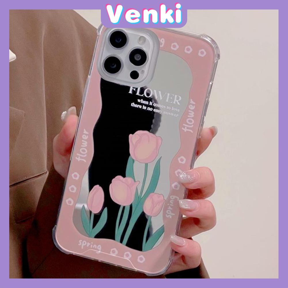 iPhone Case Acrylic HD Mirror Laser Airbag Shockproof Protection Camera Cute Pink Tulip Flower Compatible For iPhone 11 iPhone 13 Pro Max iPhone 12 Pro Max iPhone 7 Plus iPhone xr