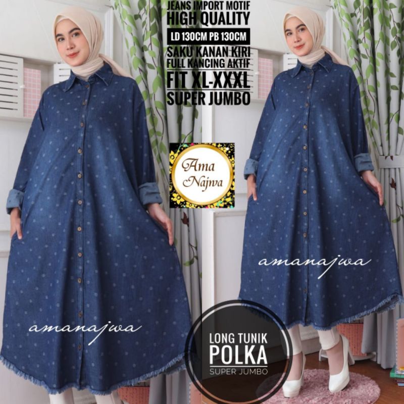 TUNIK JEANS JUMBO LD 130 LONG TUNIK POLKA SUPER JUMBO
