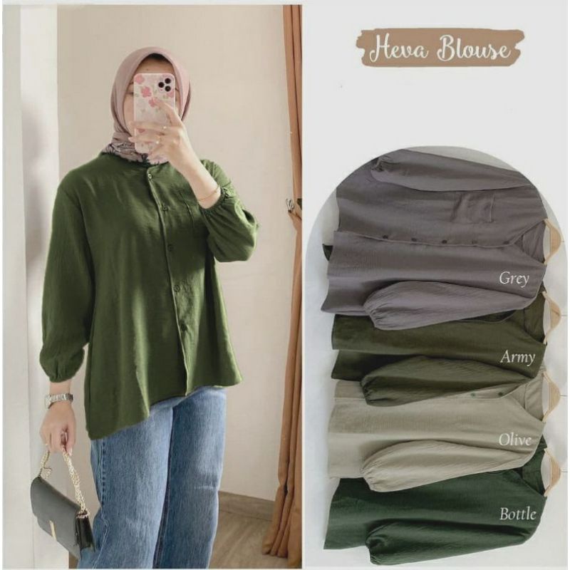 Kemeja Heva Blouse Crinkle Airflow / Blouse Wanita Lengan Panjang / Kemeja Wanita Polos / Kemeja Blouse Atasan Wanita