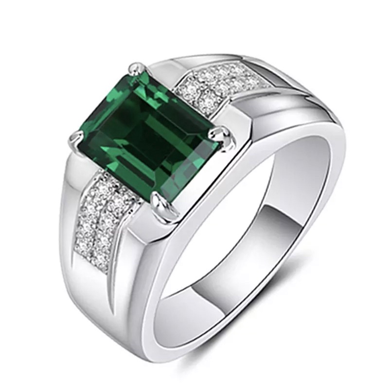 Cincin Casual Pria Akik Zamrud Hijau Emerald Green Ring Hitam 18 K Gold Filled dan Perak