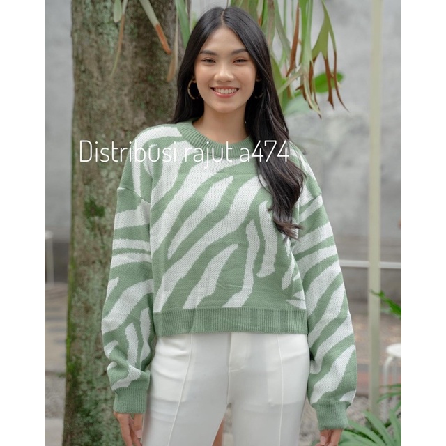 Sweater Blouse Motif Zebra model crop atasan wanita rajut premium