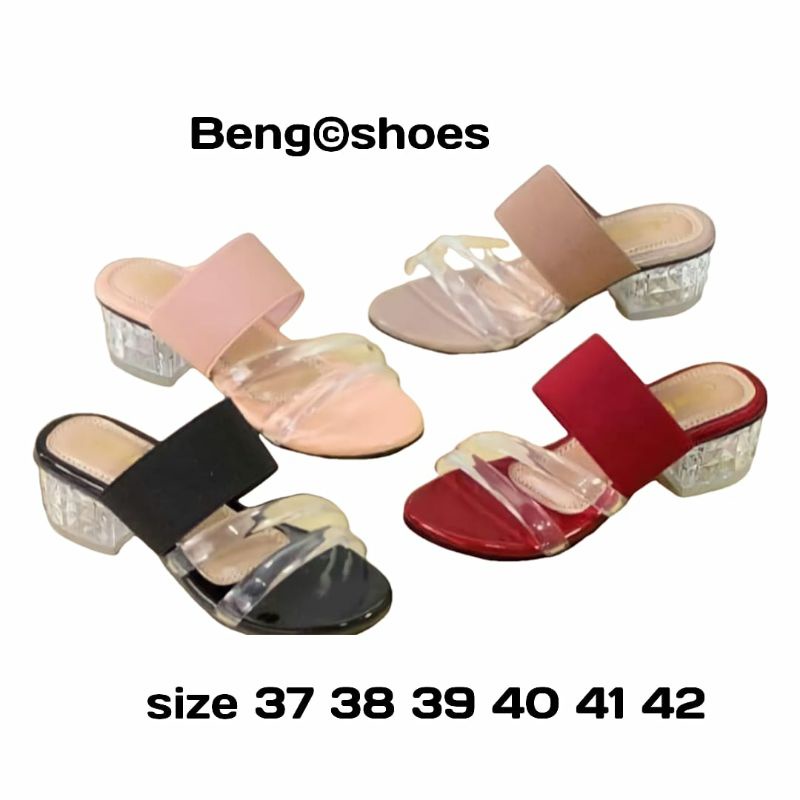 sandal heels wanita hak kaca 5cm jelly belakang karet