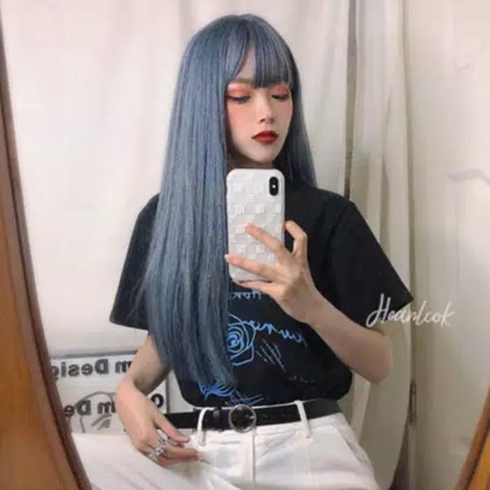 Wig Cosplay Wanita Abu Biru Rambut Lurus Panjang Unisex Wig Poni Udara