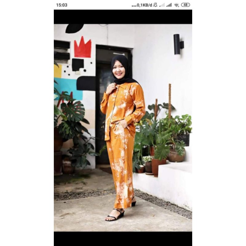 One Set Daily Pajamas Rayon Celup Tie die Stelan Wanita-Orange pupus awan