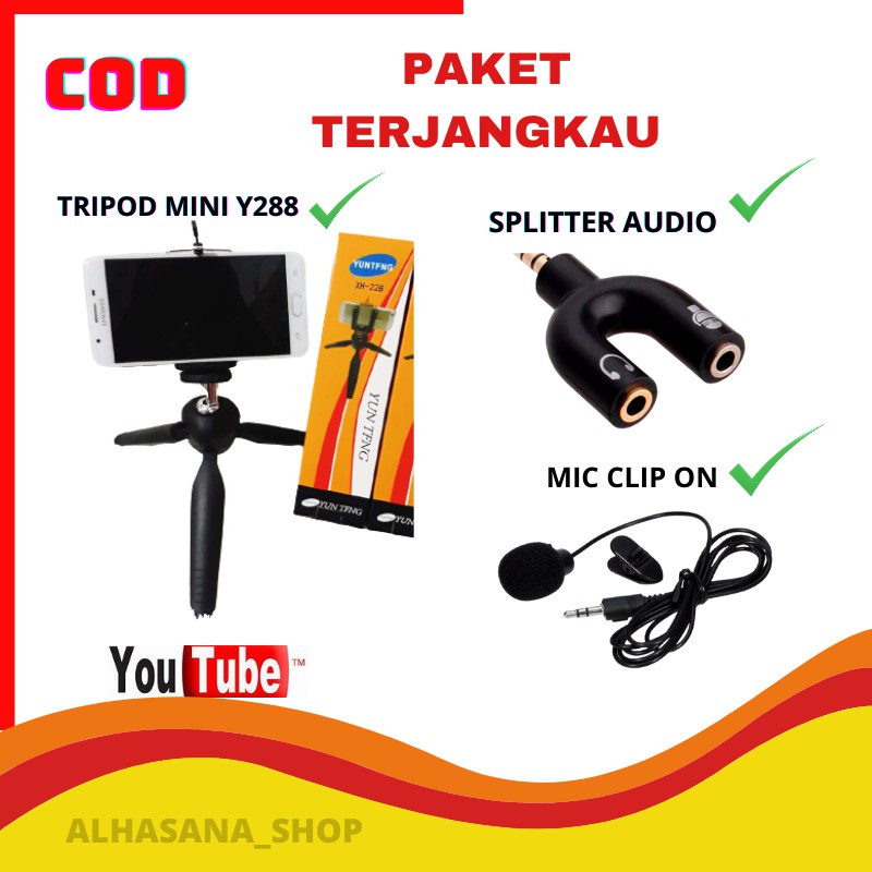 CLIP ON MICROPHONE VLOG PAKET LENGKAP TRIPOD MINI YUNTENG CLIP ON AUDIO SPLITTER