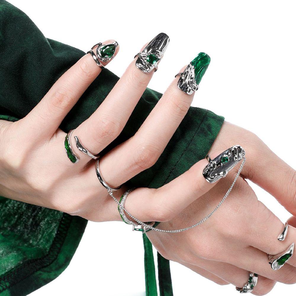 Agustina Wanita Pembukaan Cincin Punk Adjustable Vintage Rantai Perak Knuckle Ring Armor Set Cincin Bersama Cincin Rings Sets