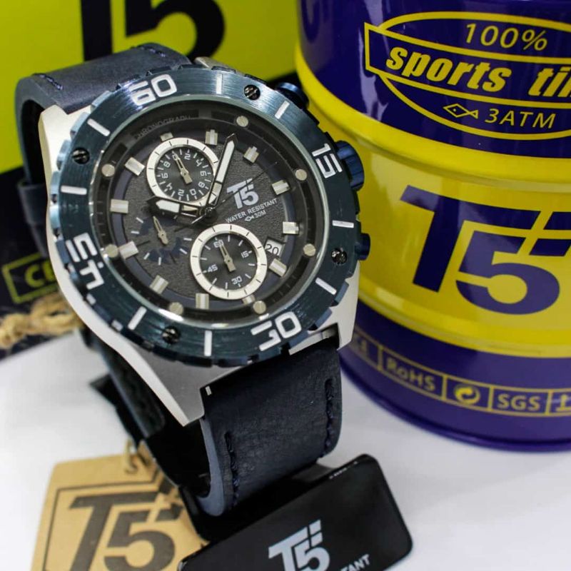Jam Tangan Pria Original T5 H 3806G Tali Kulit Chronograph Aktif