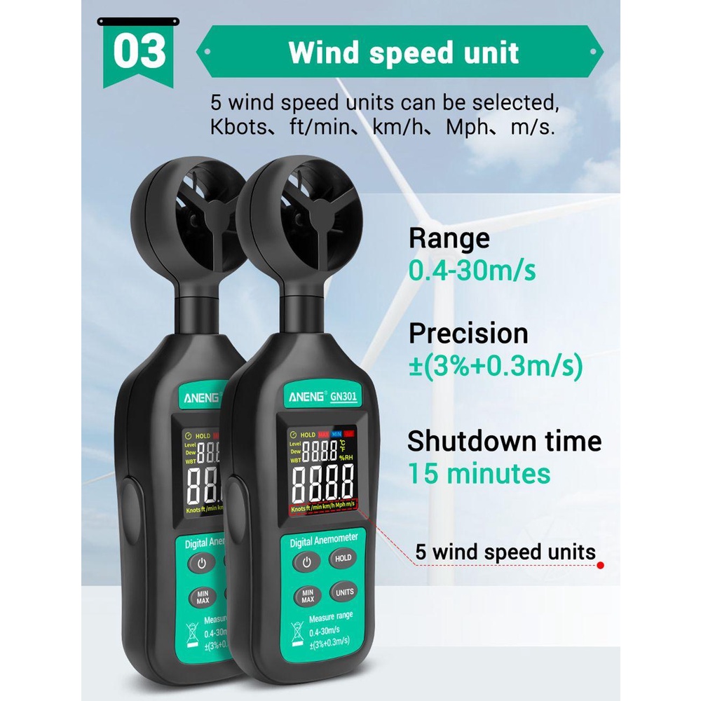 Solighter Digital Anemometer ANENG GN301 -10~45C 0-30m/s Pengukur Kecepatan Angin