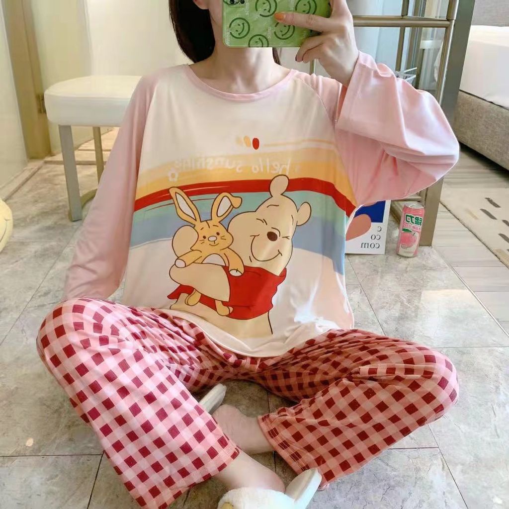 Piyama PP Import Korea piyama oversize setelan kaos import premium piyama import piyama murah-PP pooh rainbow pink