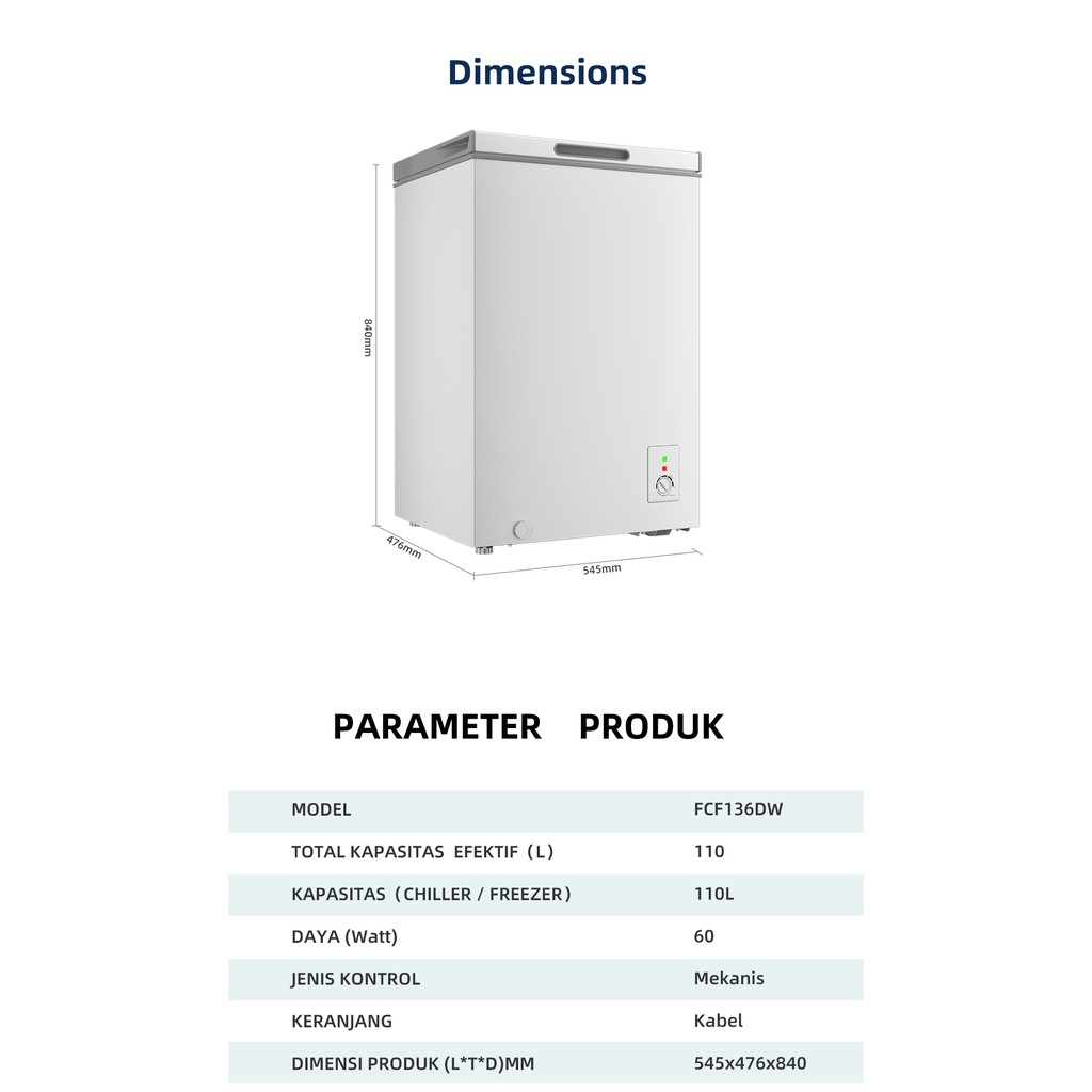 Changhong Chest Freezer FCF136DW Kapasitas 110 Liter  (Fast Freezing) (Design Look Minimalis) ( Big Capacity) (Voltase Yang Stabil) (Perlindungan Tanpa Listrik) (Perlindungan Tanpa Listrik) (Suhu Hingga -24 Derajat)(Daya Listrik Rendah/Low Watt)