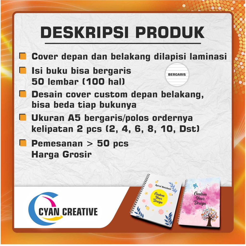 

Blocknote A5 BERGARIS 100 halaman (50 lembar) / Notes A5 / Notebook A5 Custom Cover Depan Belakang